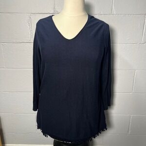 J Jill Tunic Length V-Neck‎ Long Sleeve Lightweight Sweater Fringe Hem XL Petite